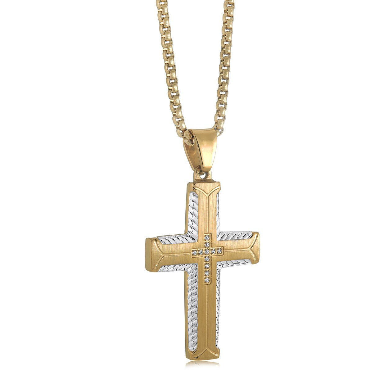 Collier avec Croix Gravée en Acier avec CZ