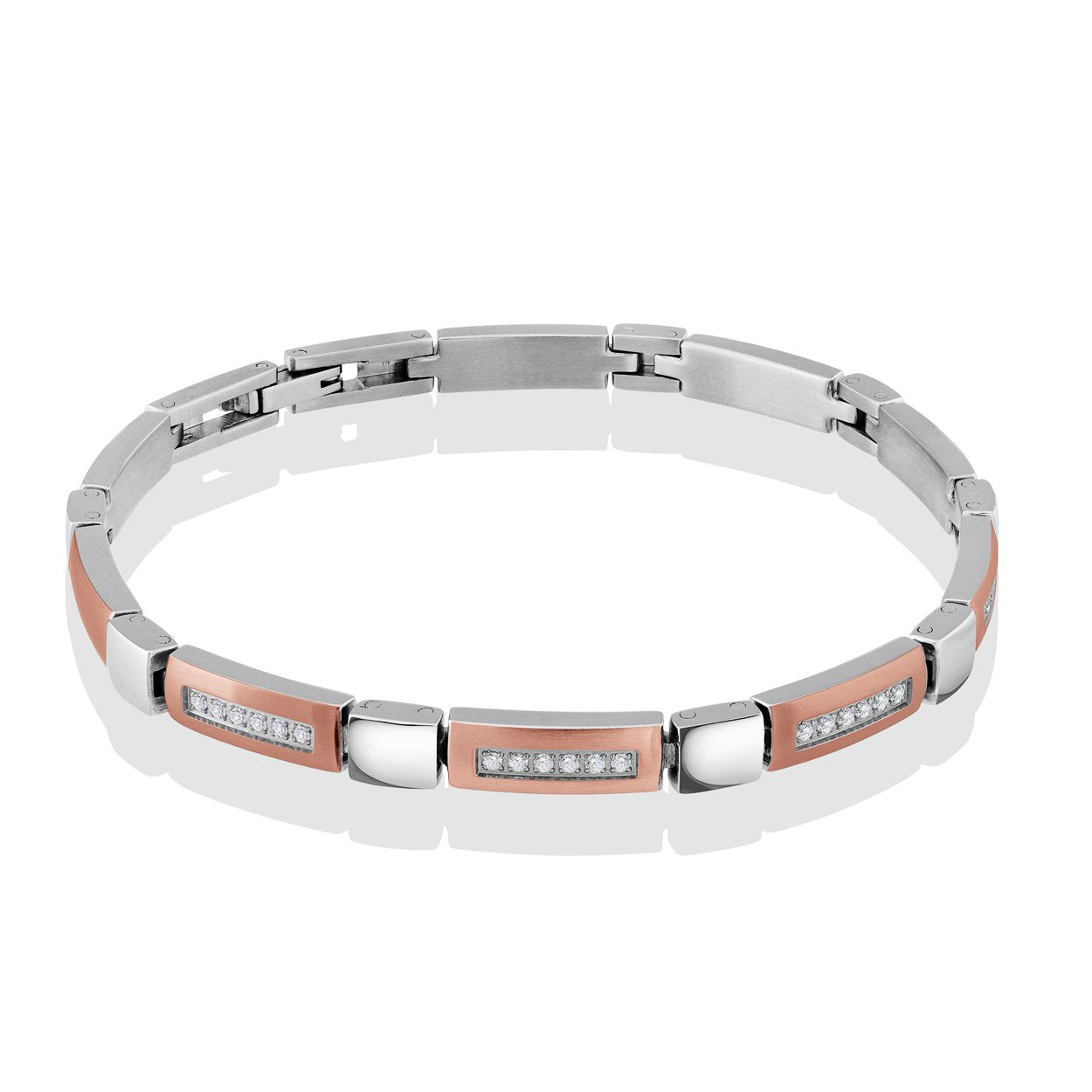 BRACELET ACIER INOX ROSE-IP BLANC-CZ BROSSÉ-POLI